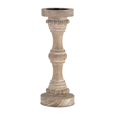 Wood, 14" Banded Bead Candle Holder, Antique White