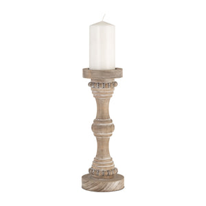 Wood, 14" Banded Bead Candle Holder, Antique White