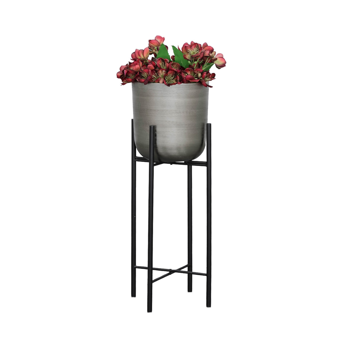 S/3 METAL PLANTERS ON STAND 40/30/20"H, SILVER