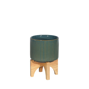 CERAMIC 5" PLANTER ON STAND, REACTIVE GREEN