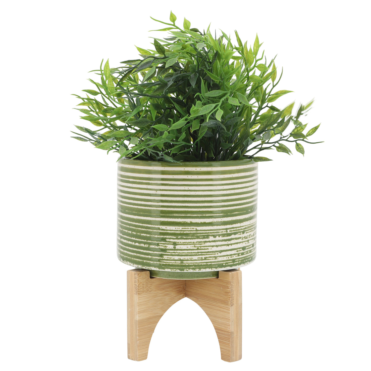 CERAMIC 5"  PLANTER ON WOODEN STAND, OLIVE