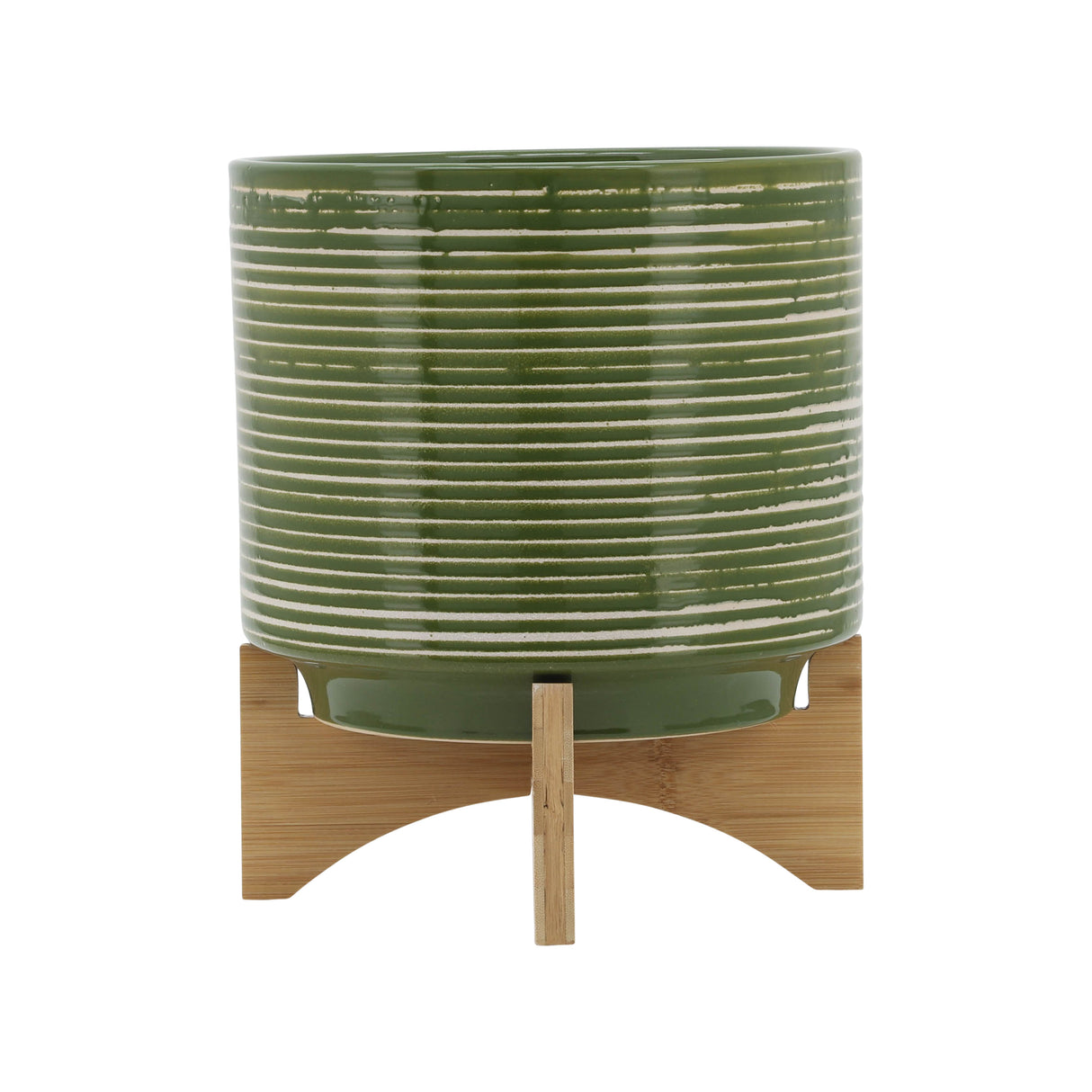 CERAMIC 10" PLANTER ON WOODEN STAND, OLIVE