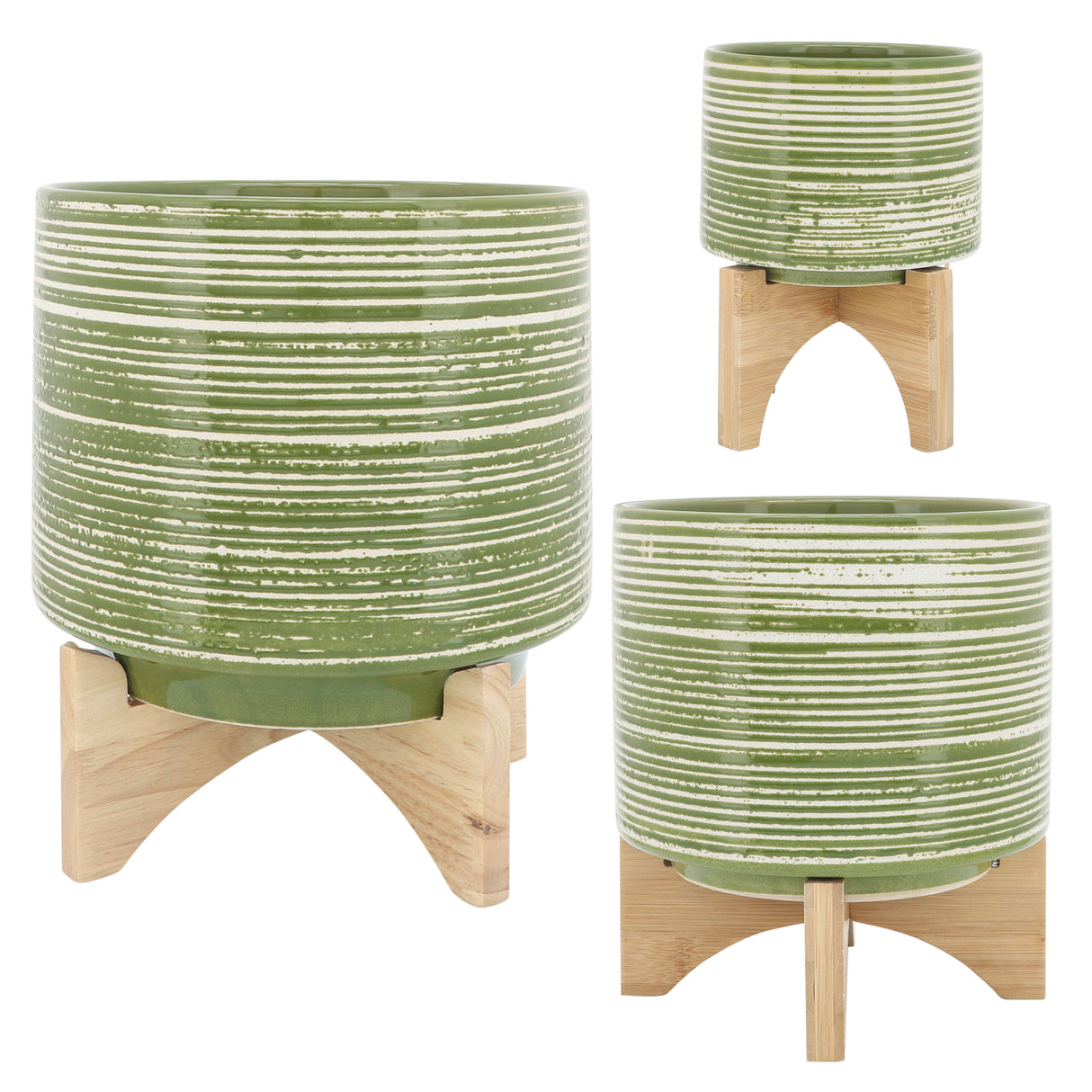 CERAMIC 10" PLANTER ON WOODEN STAND, OLIVE