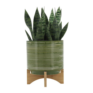 CERAMIC 10" PLANTER ON WOODEN STAND, OLIVE