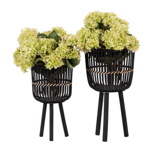 S/2 BAMBOO FOOTED PLANTERS 10/12", BLACK