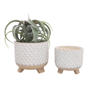 S/2 CERAMIC 6/8" TEXTURED FOOTED PLANTER, WHITE