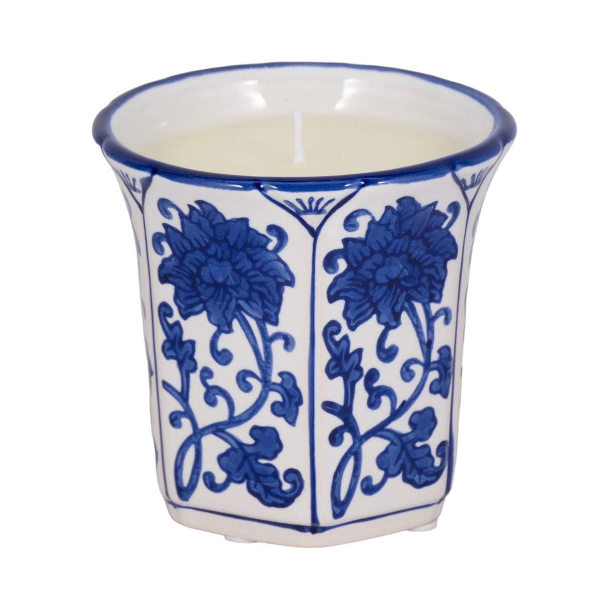 4", 6oz Fluted Chinoiserie Candle , Blue/white