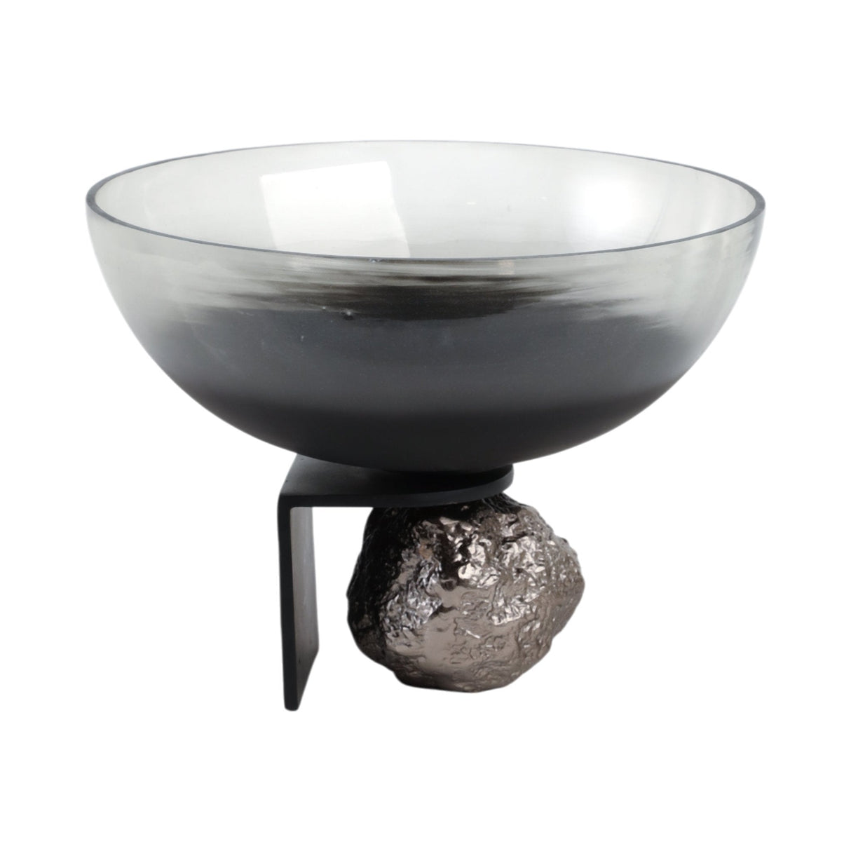 14x11" Glass Bowl On Rock Pedestal, Black/silver