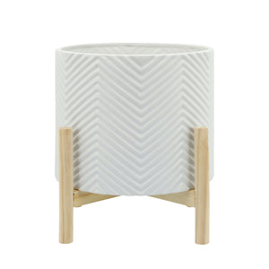 12" CERAMIC CHEVRON PLANTER W/ WOOD STAND, WHITE