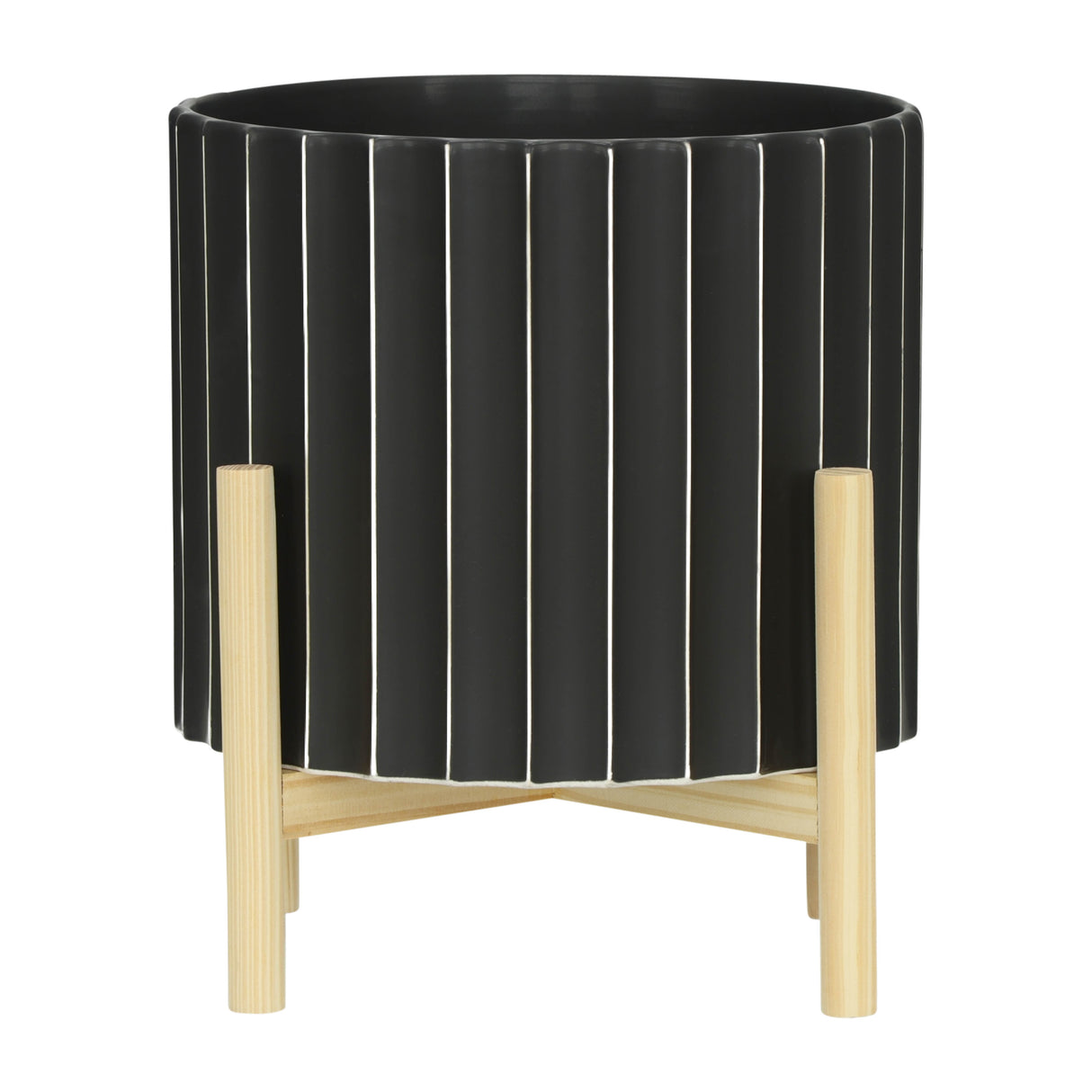 12" CERAMIC FLUTED PLANTER W/ WOOD STAND, BLACK
