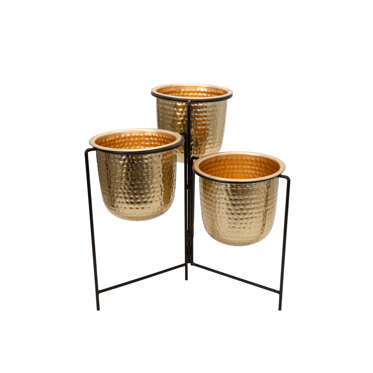 METAL 20" HAMMERED PLANTER TRIO W/ STAND, GOLD