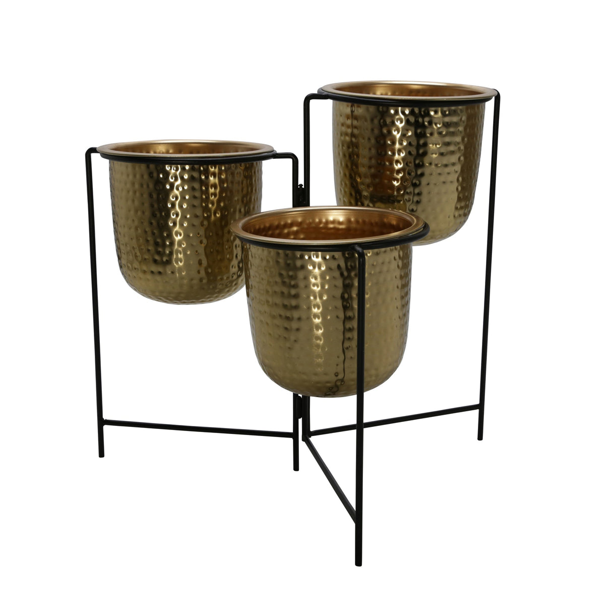 METAL 20" HAMMERED PLANTER TRIO W/ STAND, GOLD