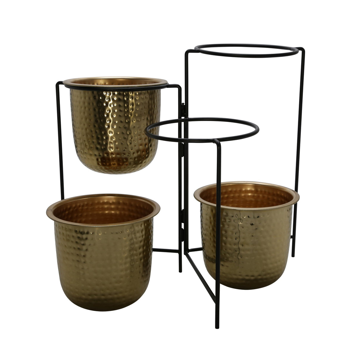 METAL 20" HAMMERED PLANTER TRIO W/ STAND, GOLD