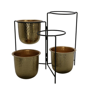 METAL 20" HAMMERED PLANTER TRIO W/ STAND, GOLD