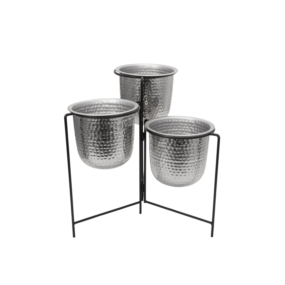 METAL 20" HAMMERED PLANTER TRIO W/ STAND, SILVER