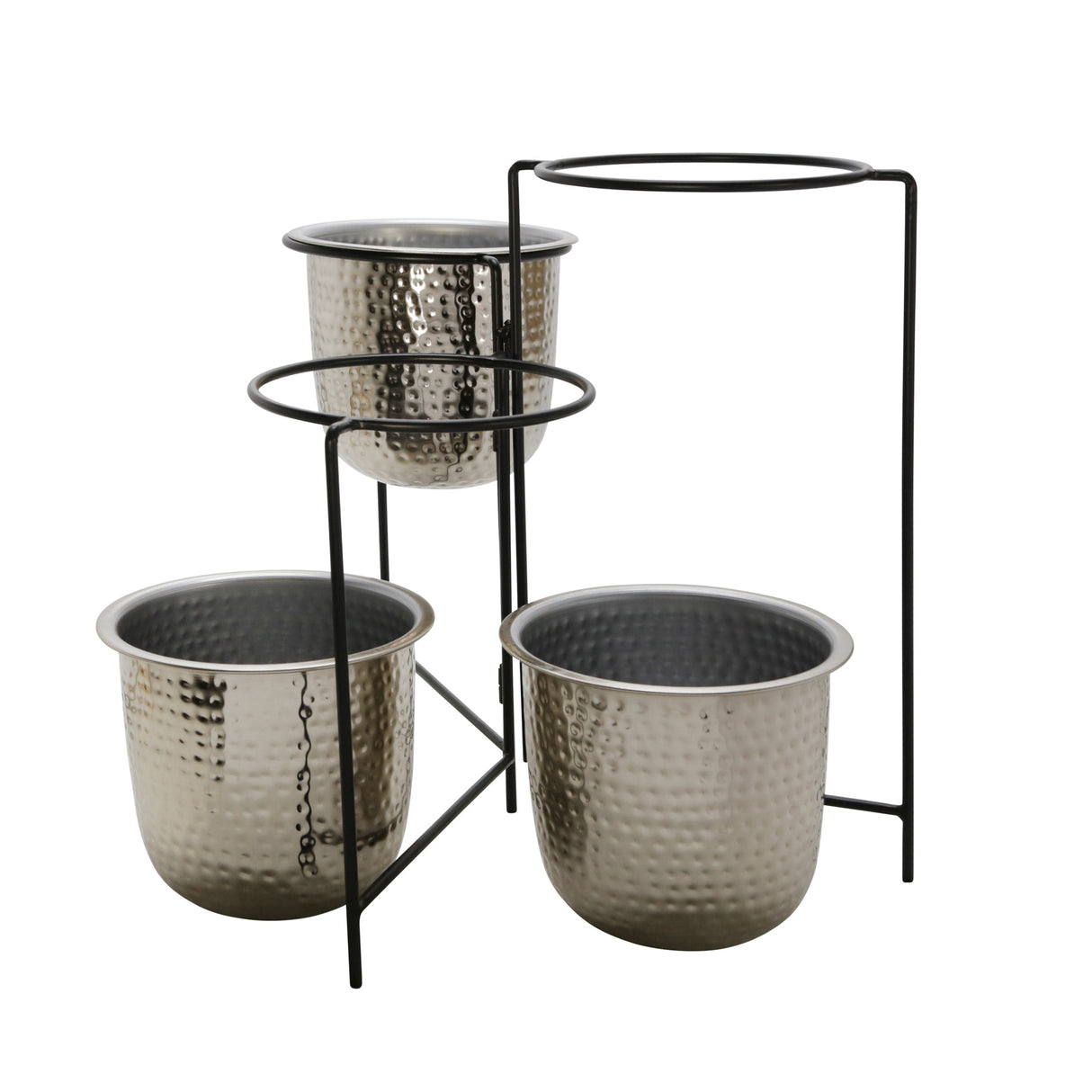 METAL 20" HAMMERED PLANTER TRIO W/ STAND, SILVER