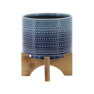 6" DOTTED PLANTER W/ WOOD STAND, BLUE