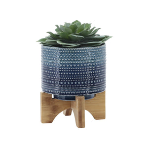 6" DOTTED PLANTER W/ WOOD STAND, BLUE