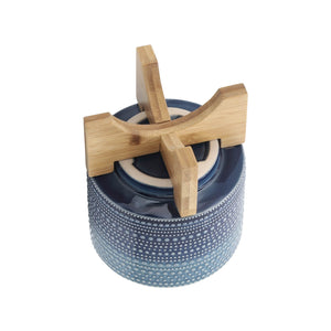 6" DOTTED PLANTER W/ WOOD STAND, BLUE