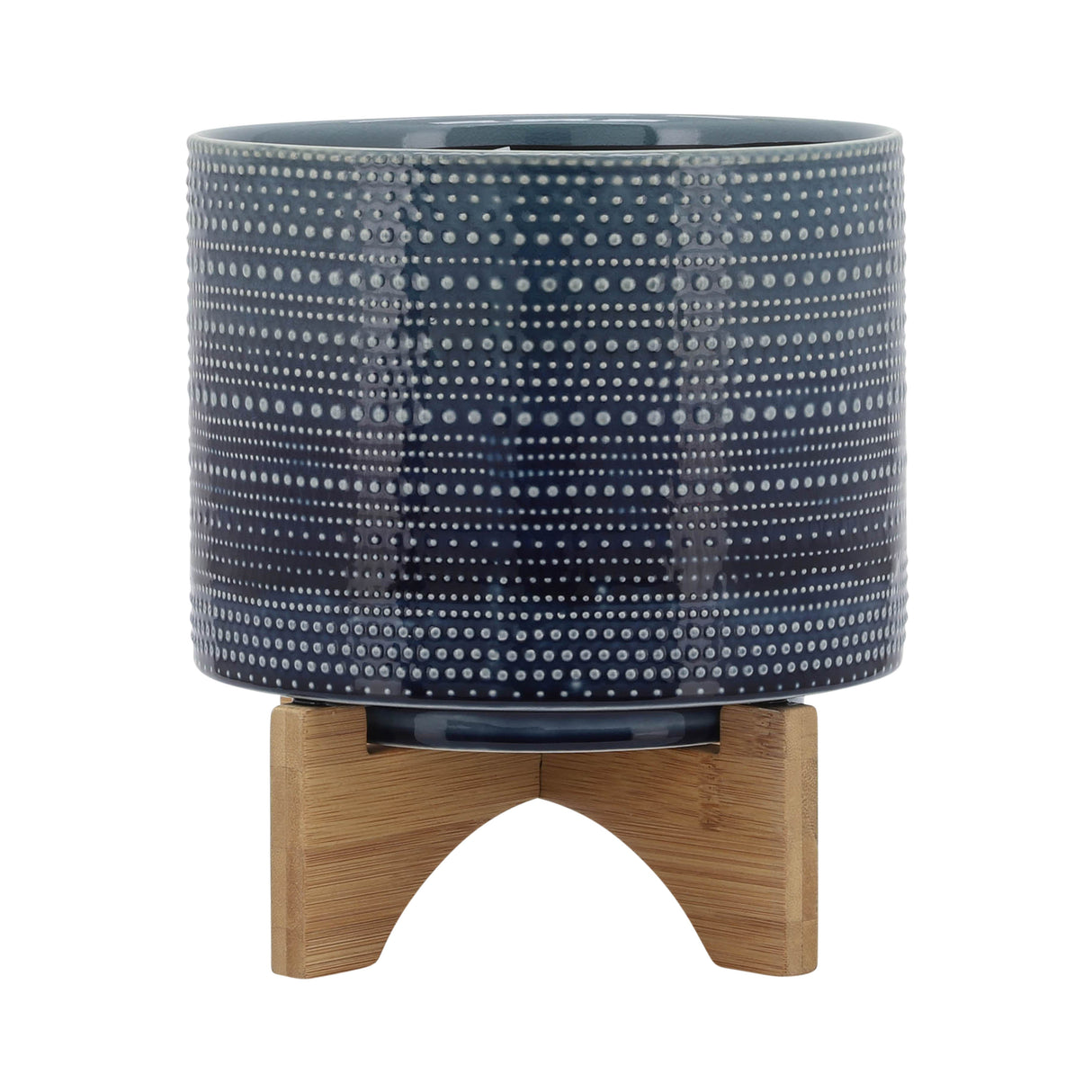 8" DOTTED PLANTER W/ WOOD STAND, BLUE