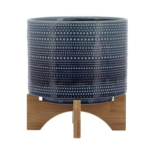 8" DOTTED PLANTER W/ WOOD STAND, BLUE