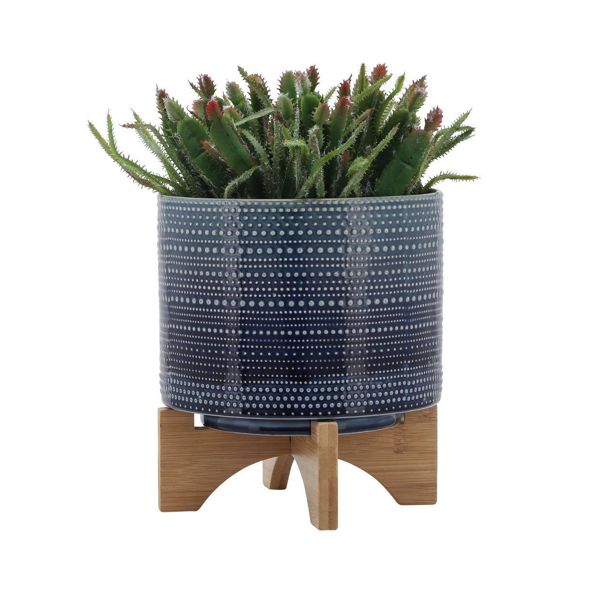 8" DOTTED PLANTER W/ WOOD STAND, BLUE