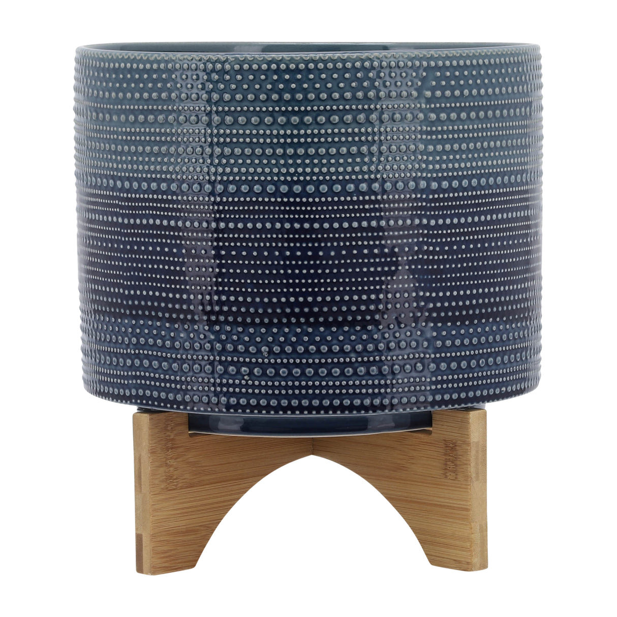 11" DOTTED PLANTER W/ WOOD STAND, BLUE