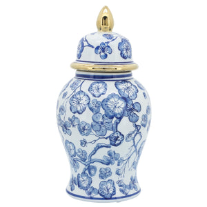 14" TEMPLE JAR W/ HIBISCUS, BLUE & WHITE