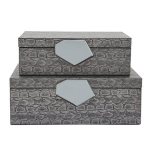 WOOD 12" FAUX LEATHER BOX, GRAY