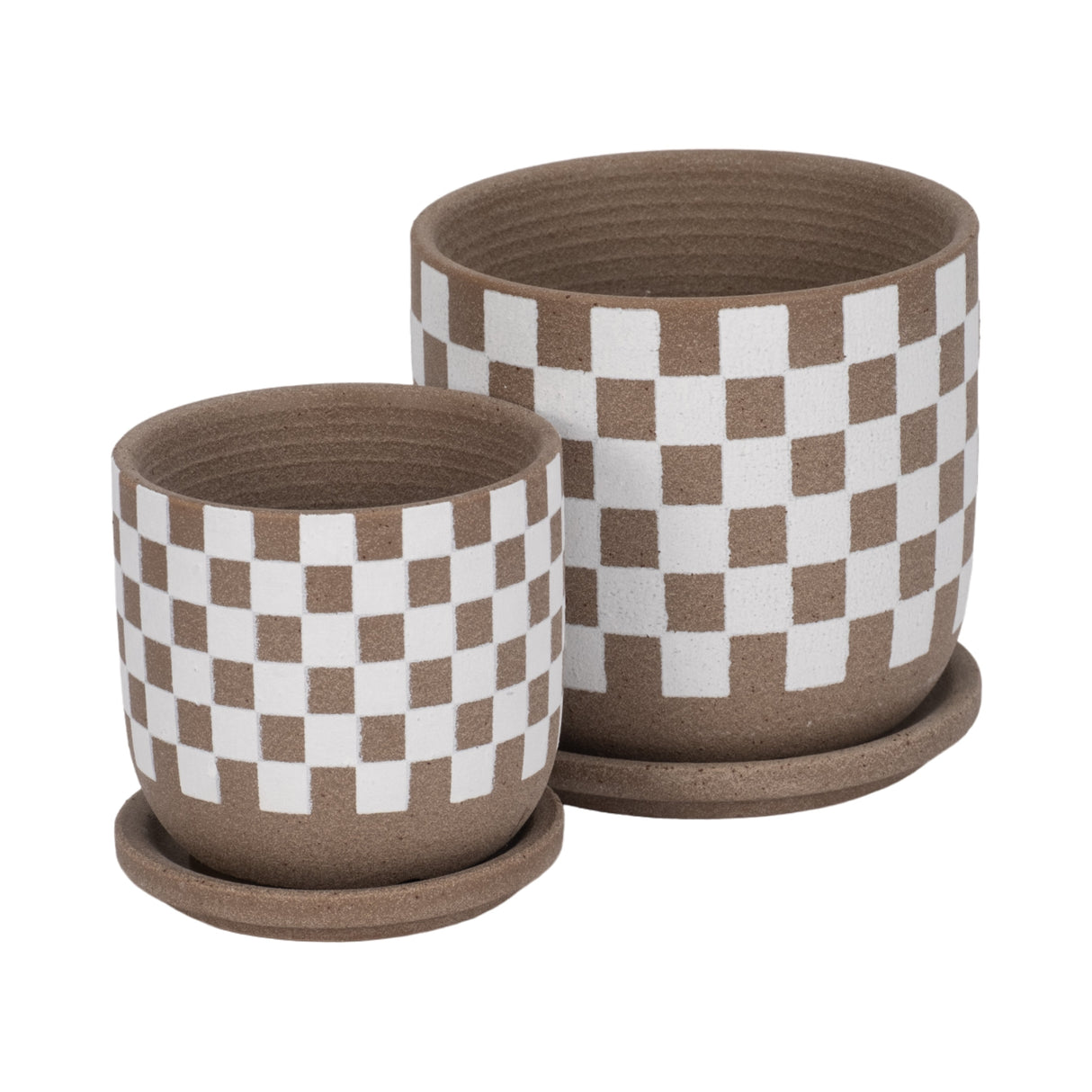 S/2 5/6" Checkerboard Saucer Planters, White/tan