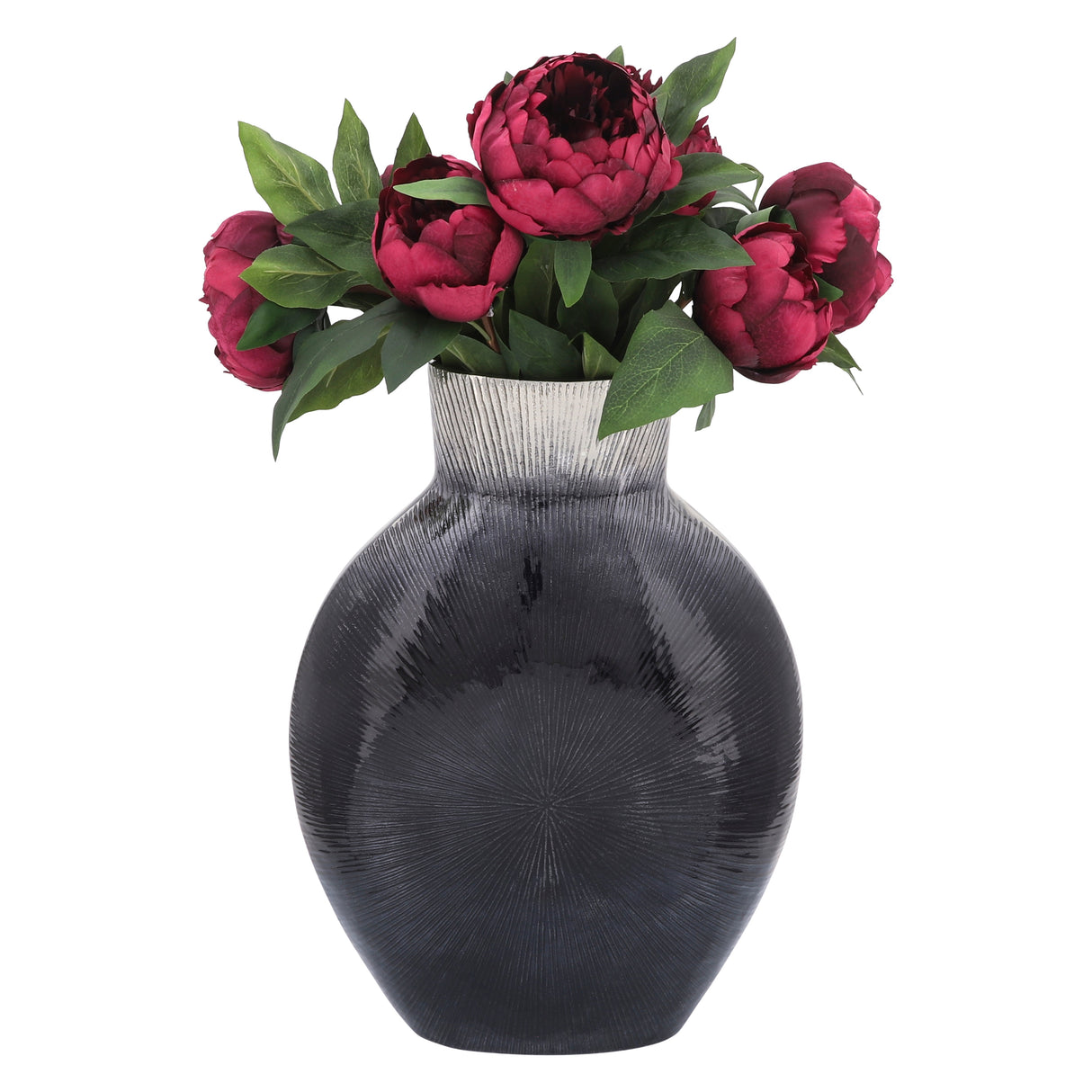 16" RIBBED METAL VASE, 2-TONE BLACK