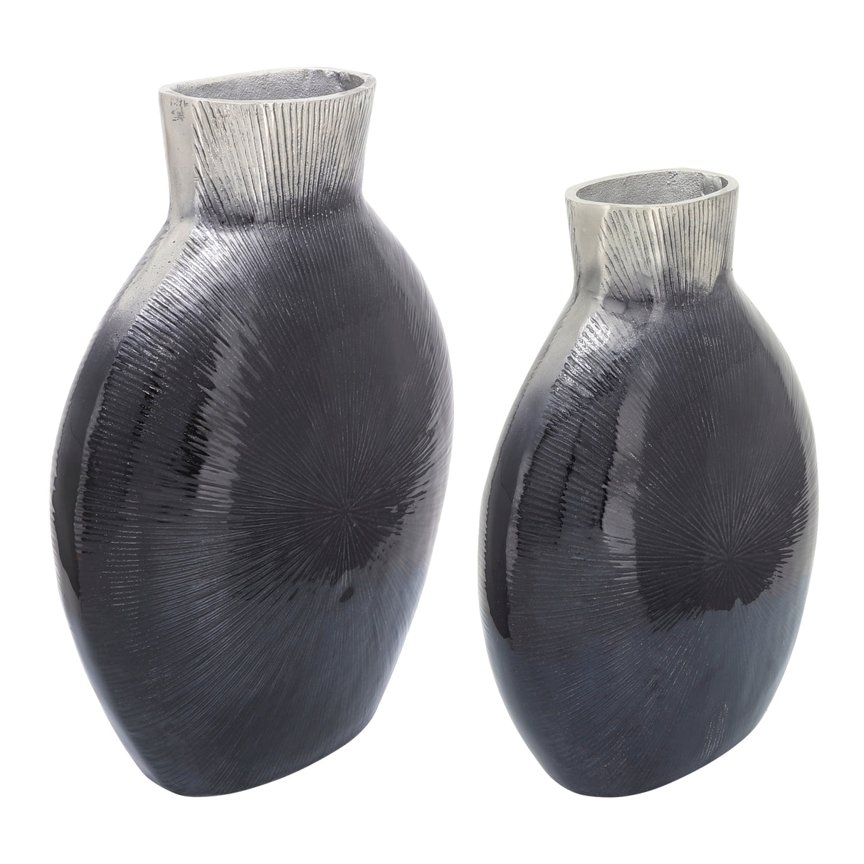 16" RIBBED METAL VASE, 2-TONE BLACK