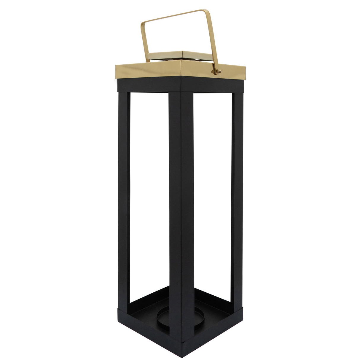 23"H METAL LANTERN W/ GOLD HANDLES, BLACK