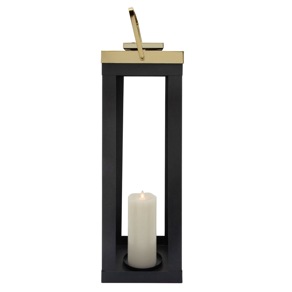 23"H METAL LANTERN W/ GOLD HANDLES, BLACK