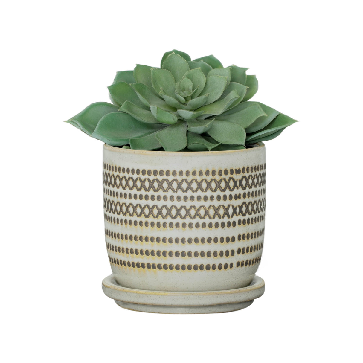 5" AZTEC PLANTER W/ SAUCER, BEIGE