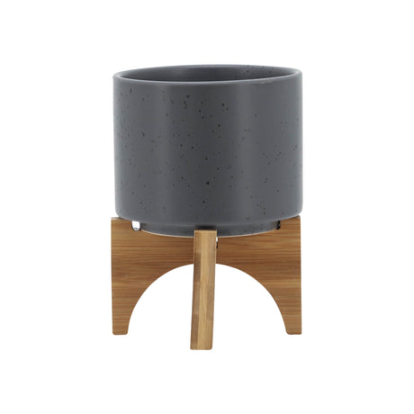 5" PLANTER W/ WOOD STAND, MATTE GRAY