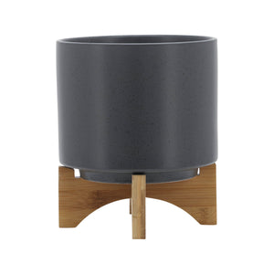 8" PLANTER W/ WOOD STAND, MATTE GRAY