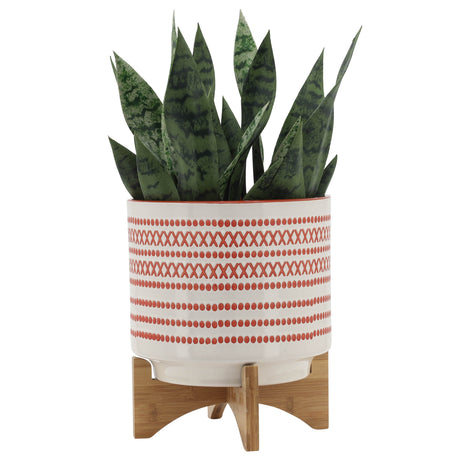 10" AZTEC PLANTER W/ WOOD STAND, ORANGE