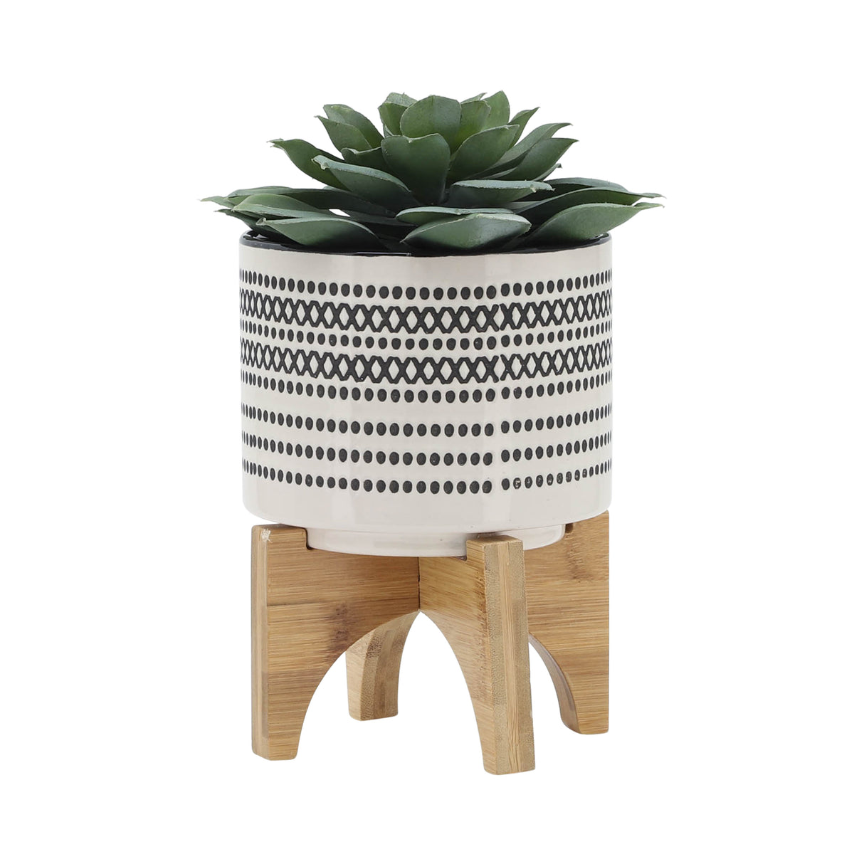 5" AZTEC PLANTER W/ WOOD STAND, GRAY