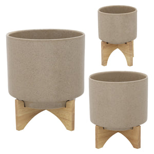 5" PLANTER W/ WOOD STAND, BEIGE