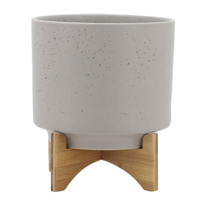 10" PLANTER W/ WOOD STAND, MATTE BEIGE