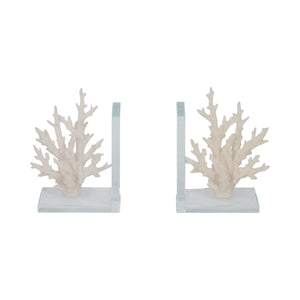 7" Coral On Glass Bookends, White