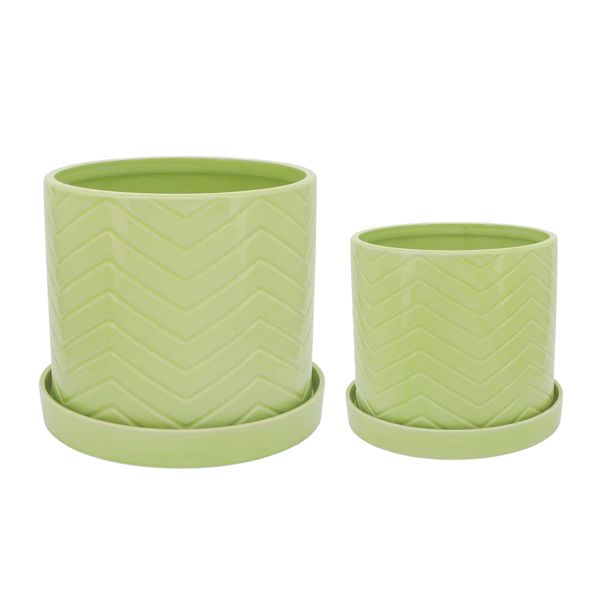 S/2 10/12" CHEVRON PLANTER W/ SAUCER, GREEN