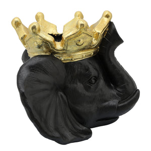 RESIN 16" ELEPHANT W/ CROWN, BLACK