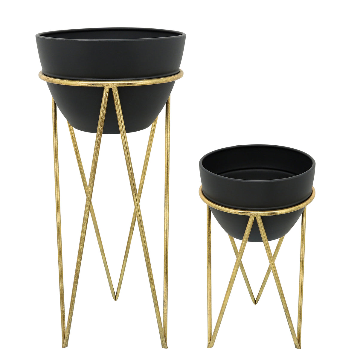 S/2 12/14" METAL PLANTER, BLK/GLD