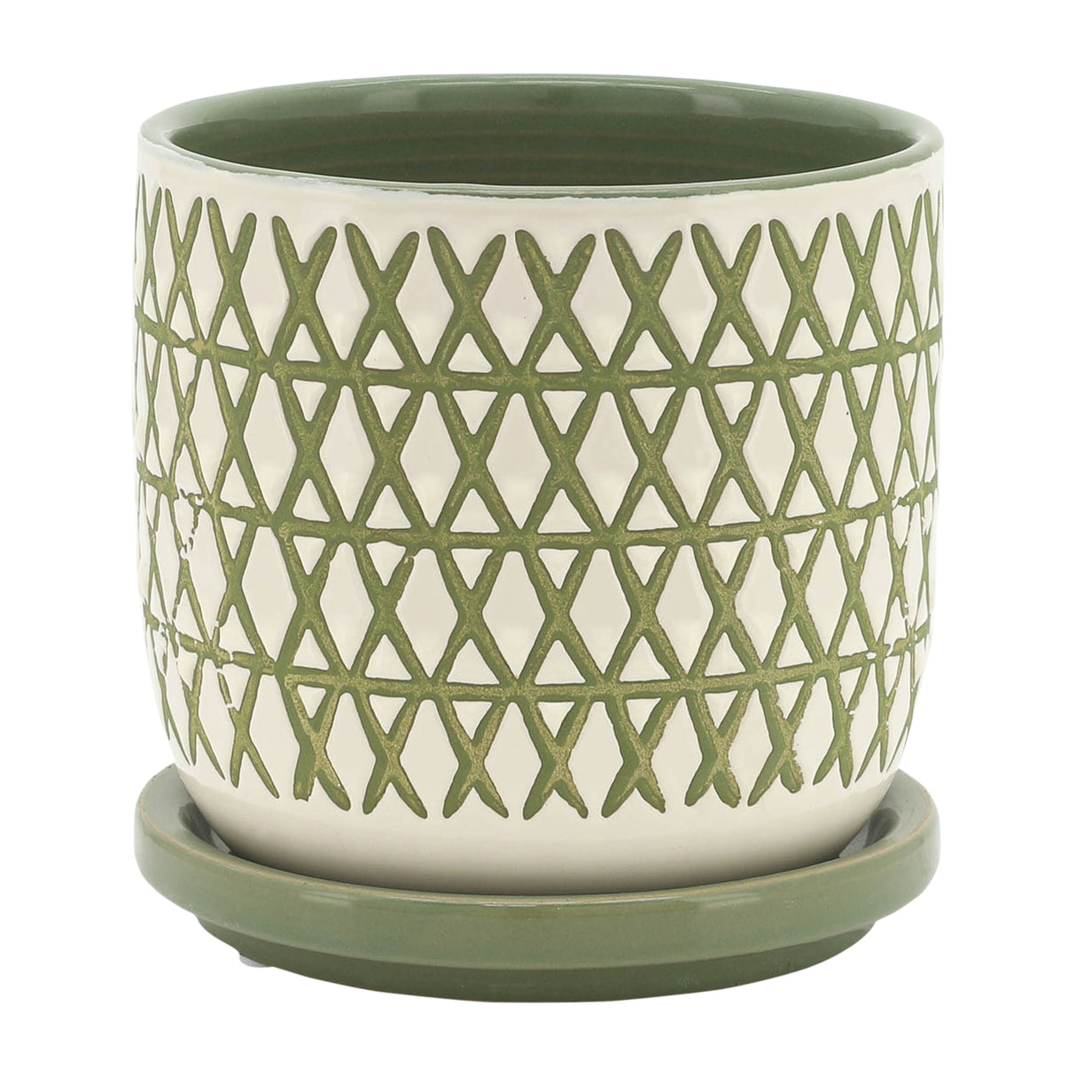 CER, 5" X-PLANTER W/ SAUCER, OLIVE