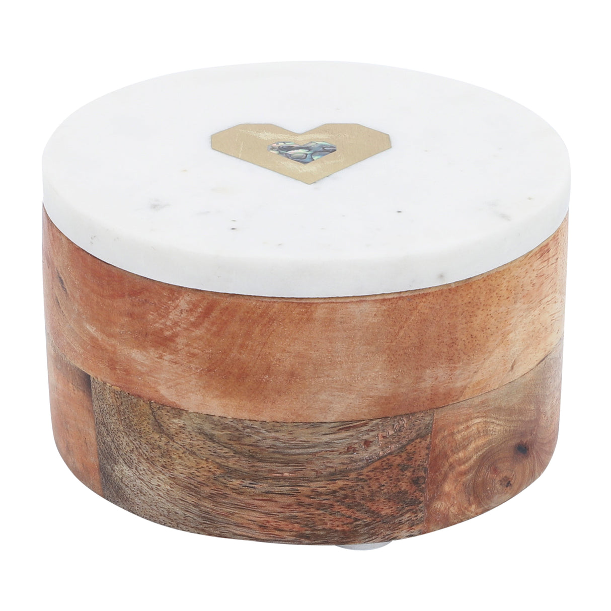 MARBLE/WOOD, 5X5 ROUND BOX-HEART, WHITE
