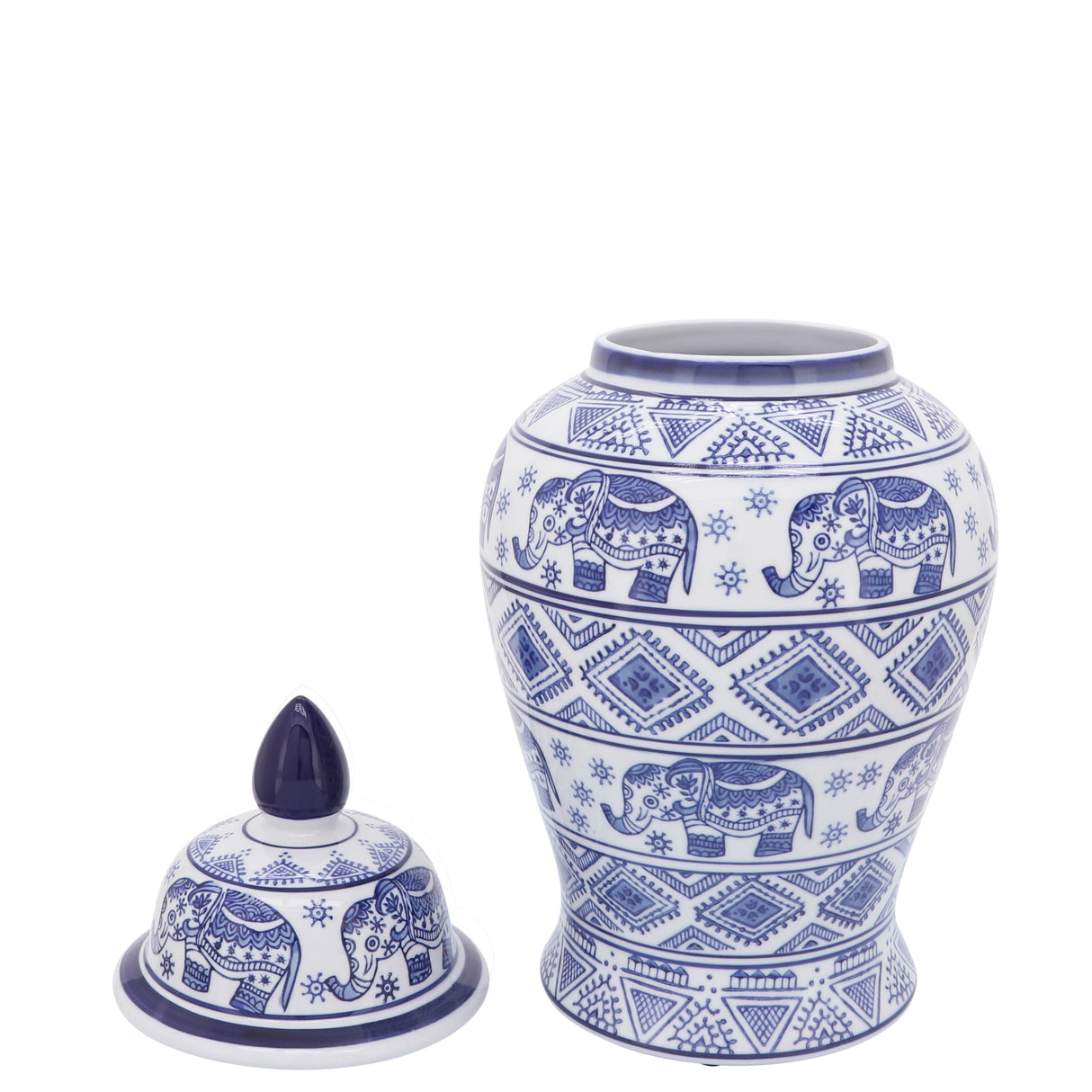 CER, 18"H ELEPHANT TEMPLE JAR, WHT/BLU