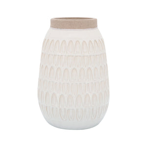 CER, 8"H CARVED VASE, BEIGE