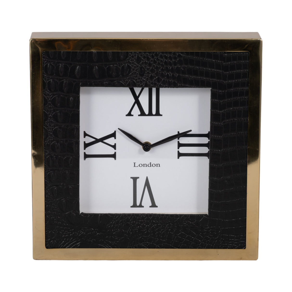 10" Faux Leather Croc Square Clock, Black/gold